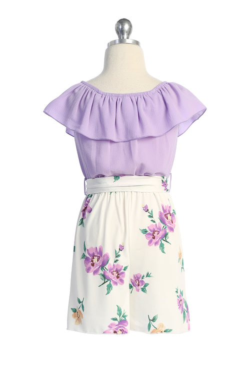 Girls Ruffle-Trim Buttoned Romper with Waist Tie, Sizes 4-14